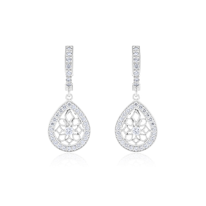 14K White Gold Diamond Teardrop Filigree Earrings ¾ Ct
