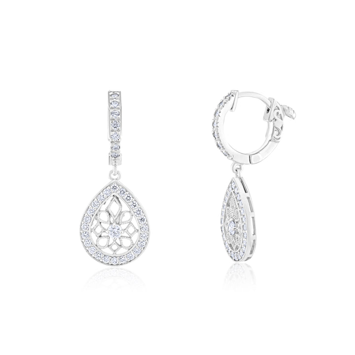 14K White Gold Diamond Teardrop Filigree Earrings ¾ Ct