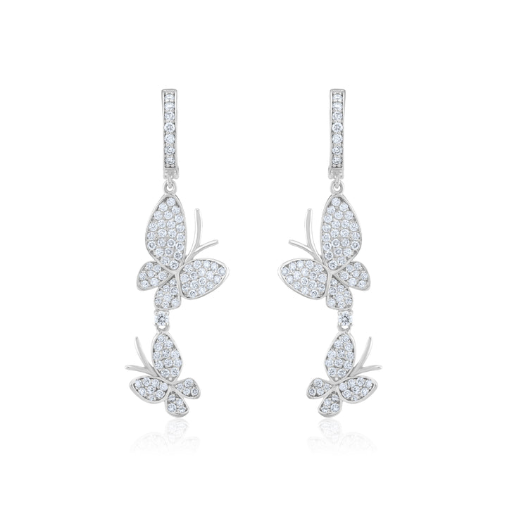 14K White Gold Diamond Butterfly Dangling Earrings 1.35 Ct