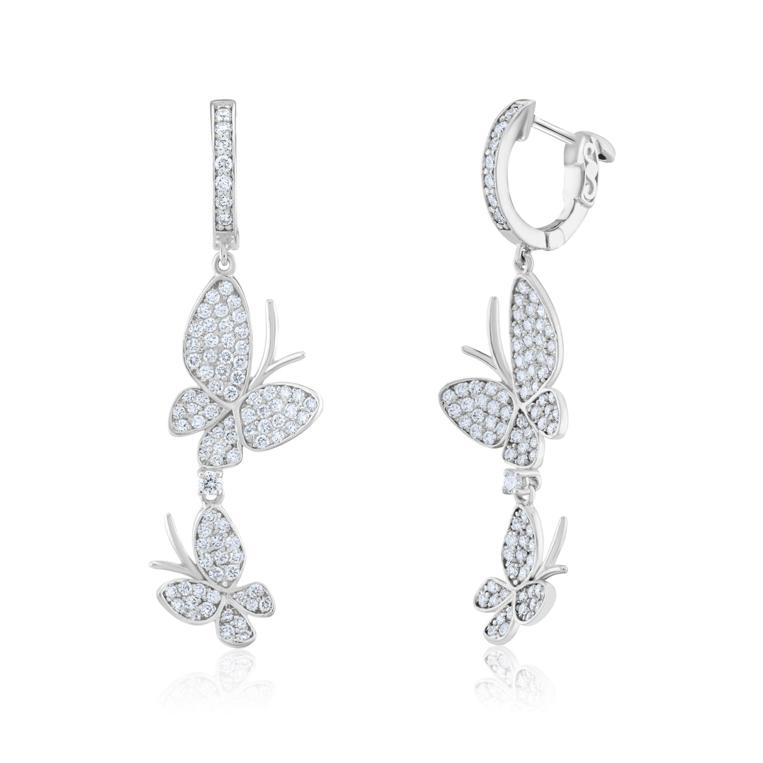 14K White Gold Diamond Butterfly Dangling Earrings 1.35 Ct