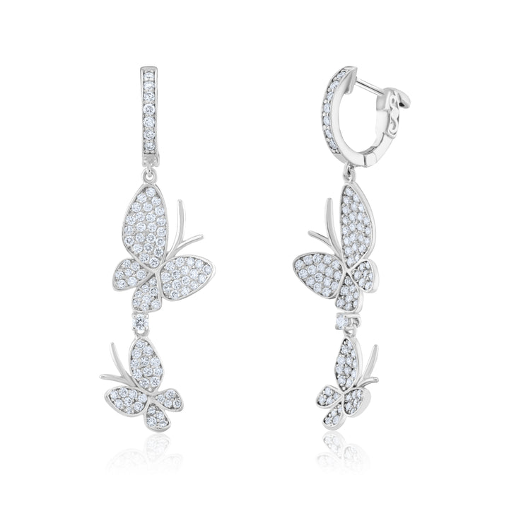 14K White Gold Diamond Butterfly Dangling Earrings 1.35 Ct