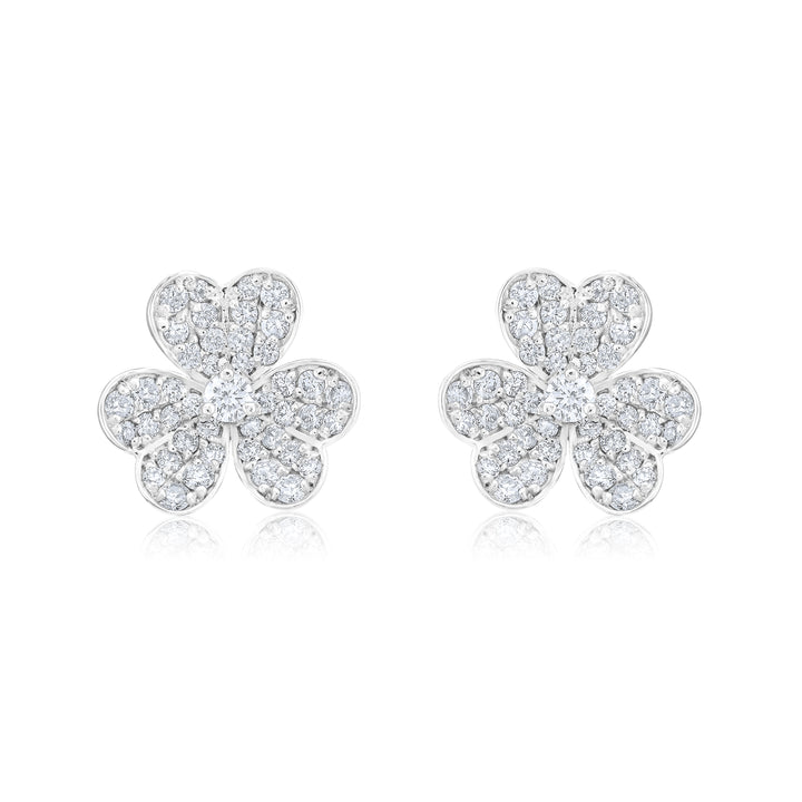 14K White Gold Diamond Clover Leaf Stud Earrings ~ 1 Ct