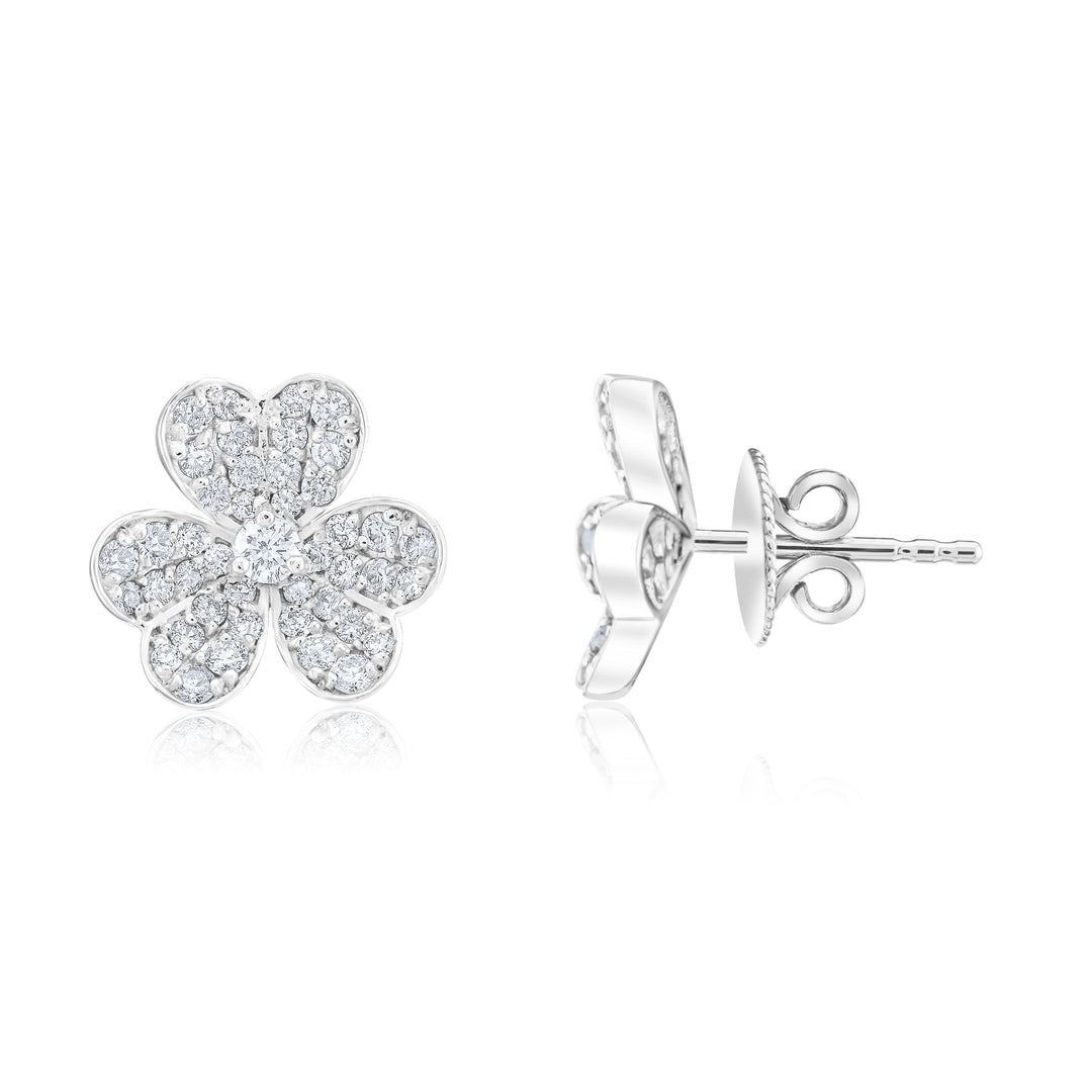 14K White Gold Diamond Clover Leaf Stud Earrings ~ 1 Ct