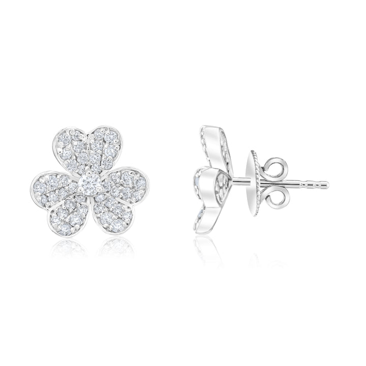 14K White Gold Diamond Clover Leaf Stud Earrings ~ 1 Ct