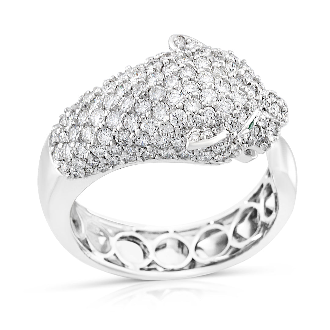 14K White Gold Diamond & Emerald Panther Cocktail Ring 1.60 Ct