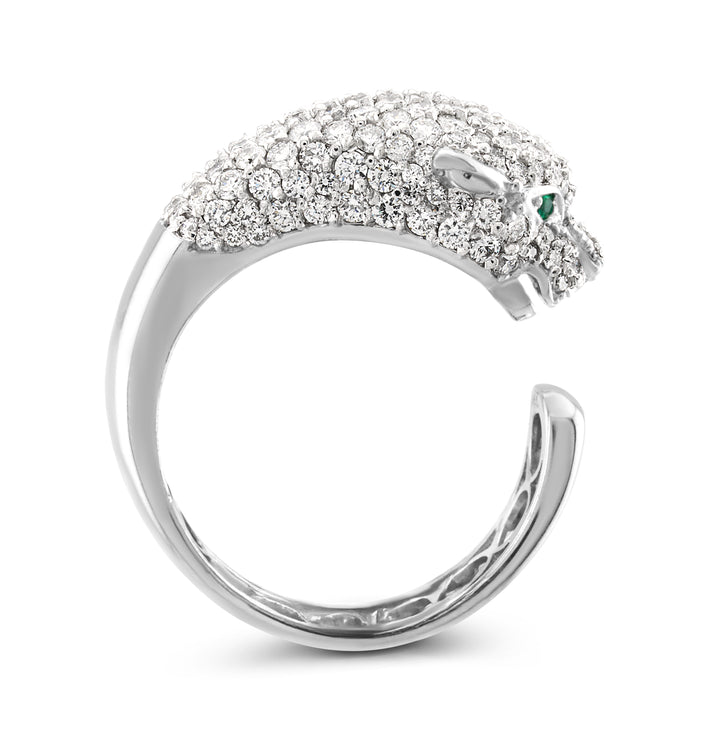 14K White Gold Diamond & Emerald Panther Cocktail Ring 1.60 Ct