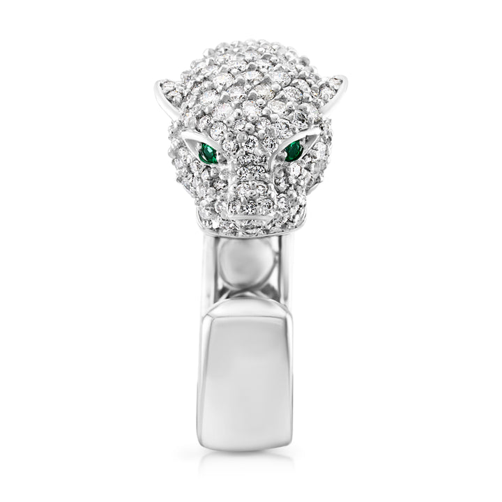 14K White Gold Diamond & Emerald Panther Cocktail Ring 1.60 Ct