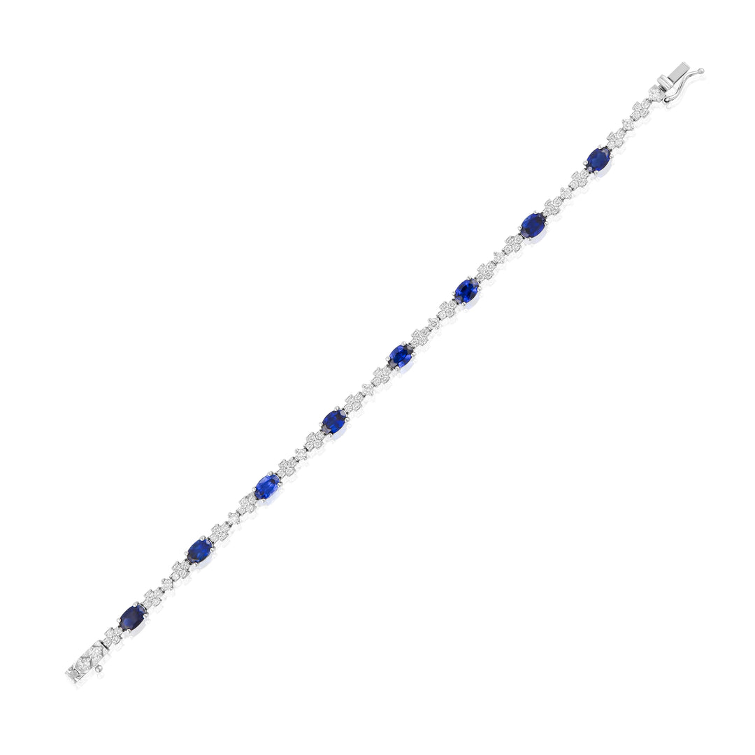 14K White Gold Diamond & Blue Sapphire Tennis Bracelet 6.08 Ct