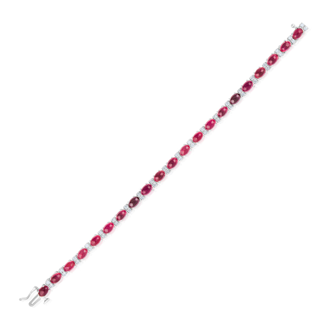 14K White Gold Diamond & Cabochon Rubellite Tennis Bracelet 13 2/3 Ct