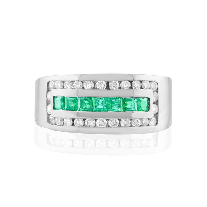 14K White Gold Diamond & Emerald Men’s Ring ~ 1 ½ Ct