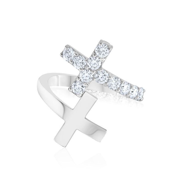 14K White Gold Diamond Two Crosses Hug Ring ~ 1 Ct