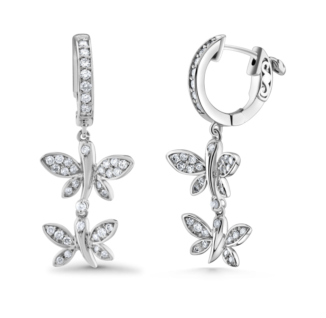 14K White Gold Diamond Butterfly Drop Huggies Earrings ~ 2/3 Ct