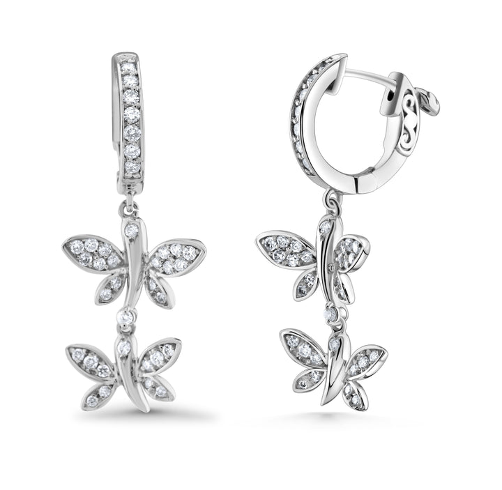 14K White Gold Diamond Butterfly Drop Huggies Earrings ~ 2/3 Ct