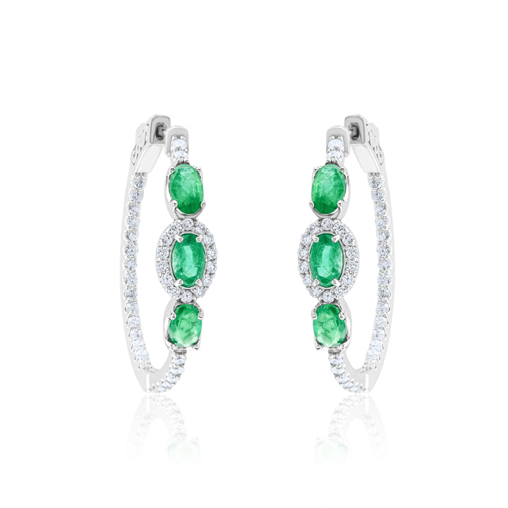 14K White Gold Diamond & Emerald Hoop Earrings 2.78 Ct