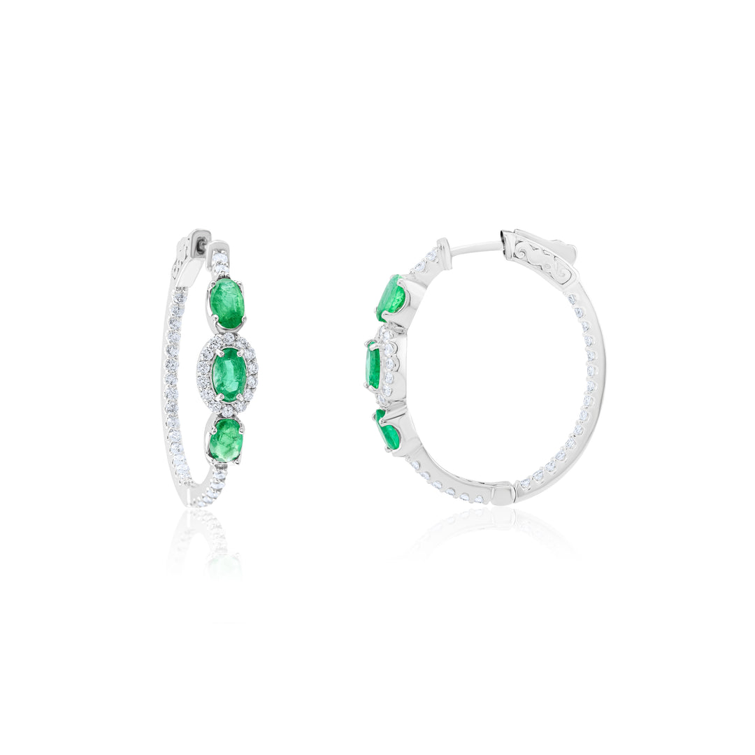 14K White Gold Diamond & Emerald Hoop Earrings 2.78 Ct