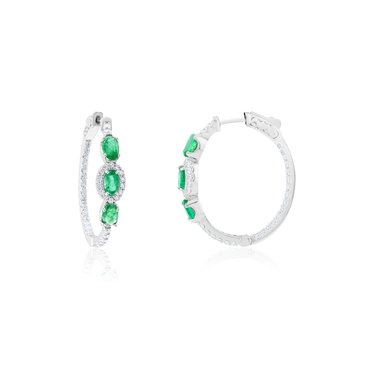 14K White Gold Diamond & Emerald Hoop Earrings 2.78 Ct