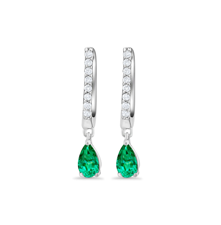 14K White Gold Diamond & Emerald Latch Huggies Earrings 1/3 Ct
