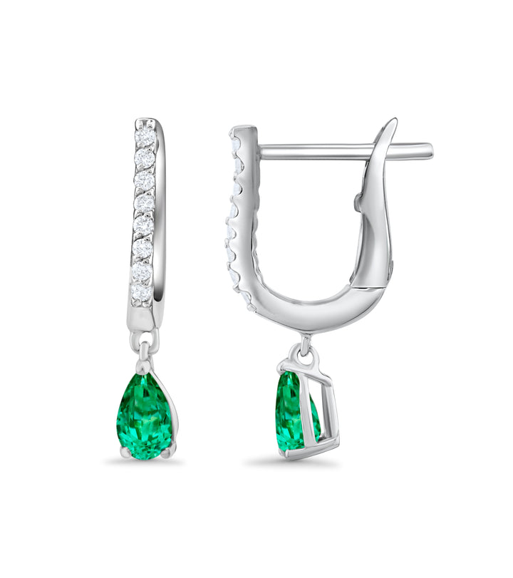 14K White Gold Diamond & Emerald Latch Huggies Earrings 1/3 Ct