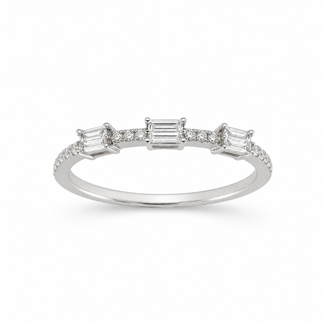 18K White Gold Round and Baguette Cut Diamond Band ~ ¼ Ct