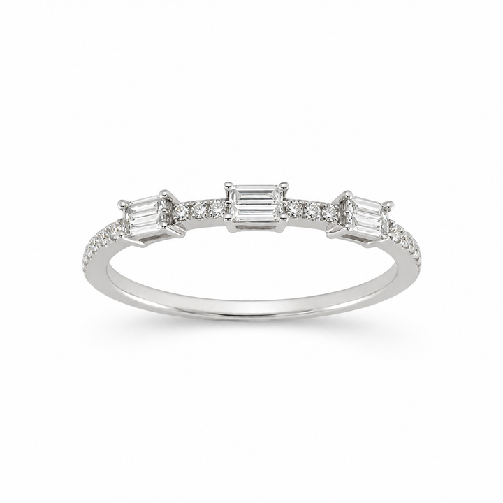 18K White Gold Round and Baguette Cut Diamond Band ~ ¼ Ct
