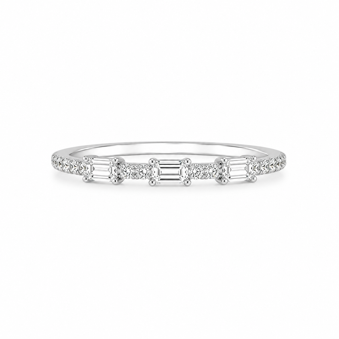 18K White Gold Round and Baguette Cut Diamond Band ~ ¼ Ct