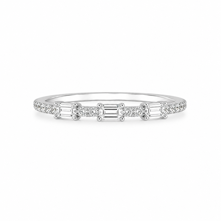 18K White Gold Round and Baguette Cut Diamond Band ~ ¼ Ct