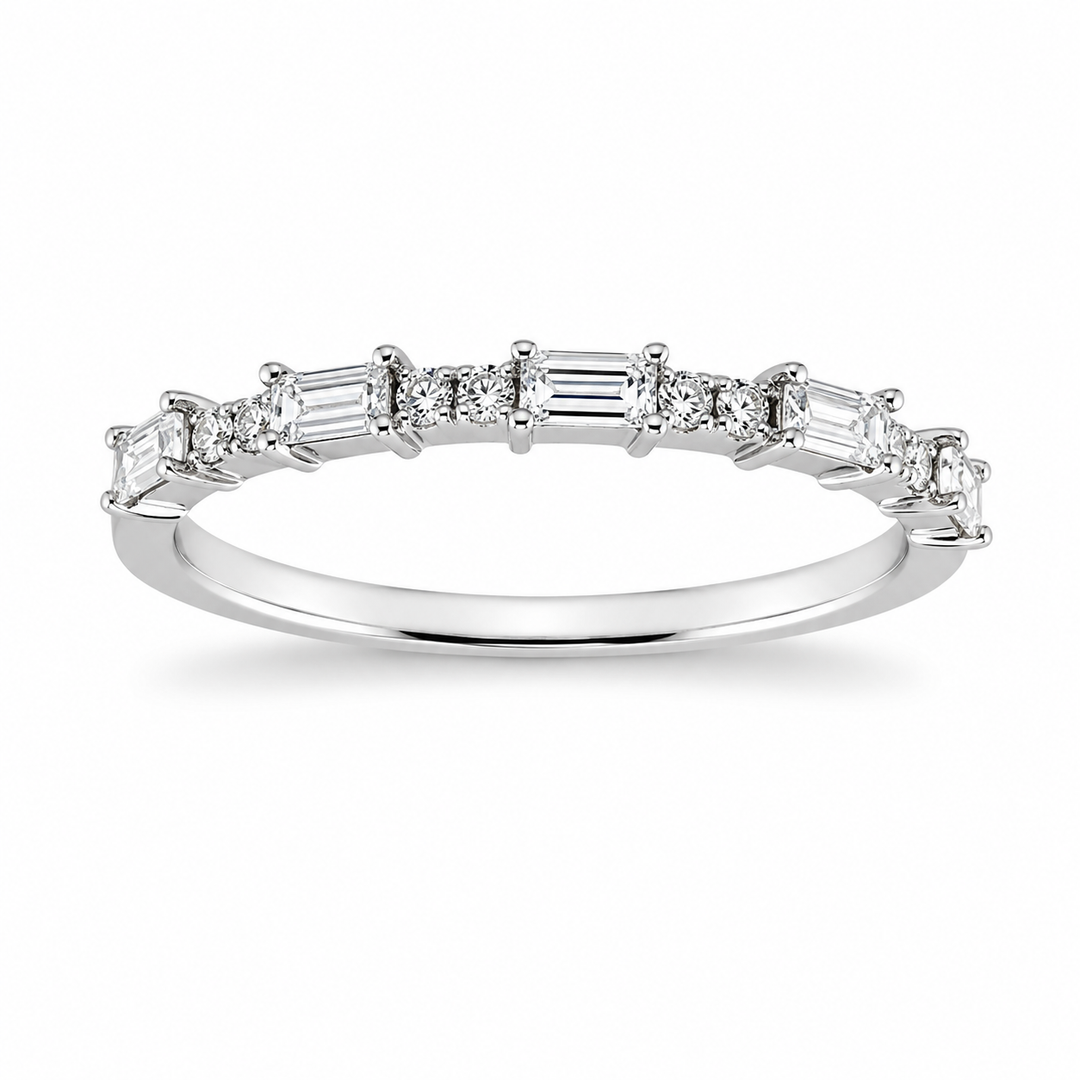 18K White Gold Round and Baguette Cut Diamond Band 1/3 Ct