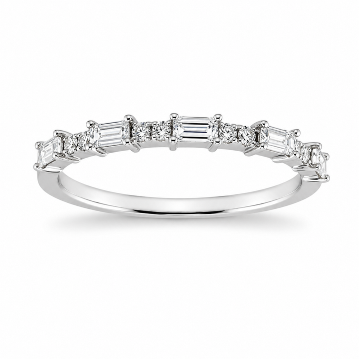 18K White Gold Round and Baguette Cut Diamond Band 1/3 Ct