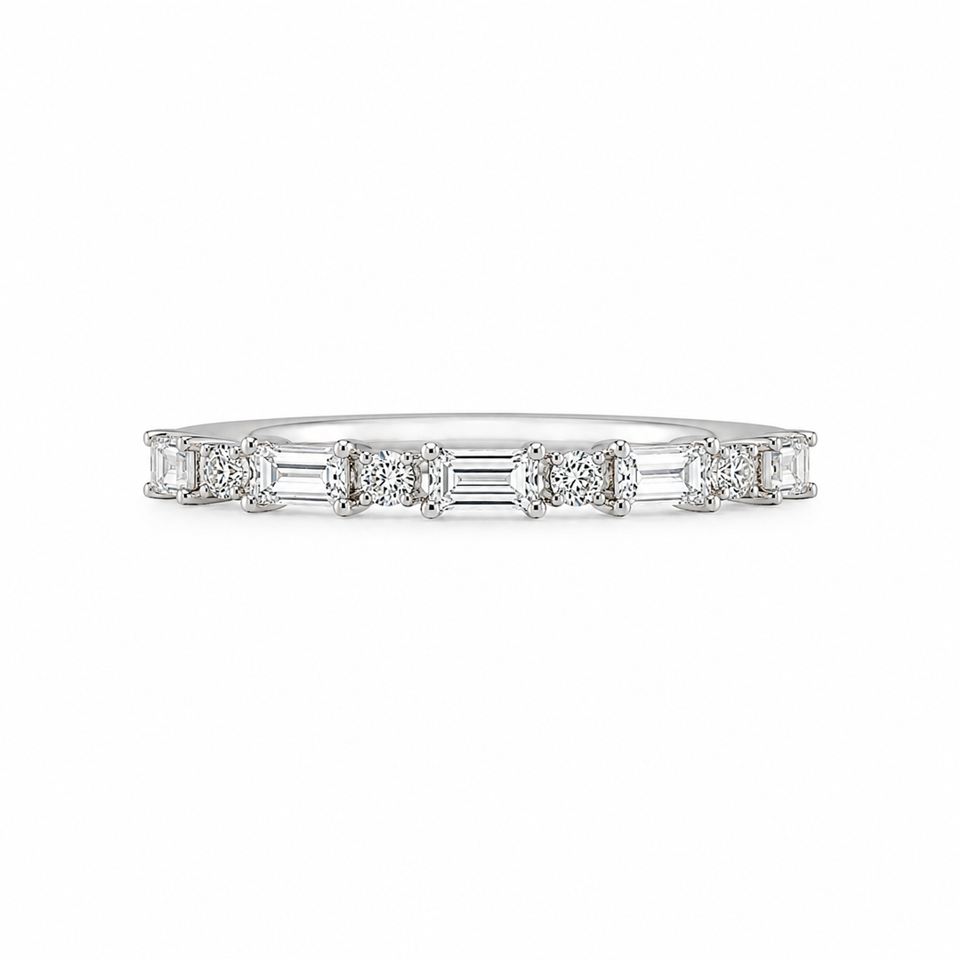 18K White Gold Round and Baguette Cut Diamond Band 1/3 Ct
