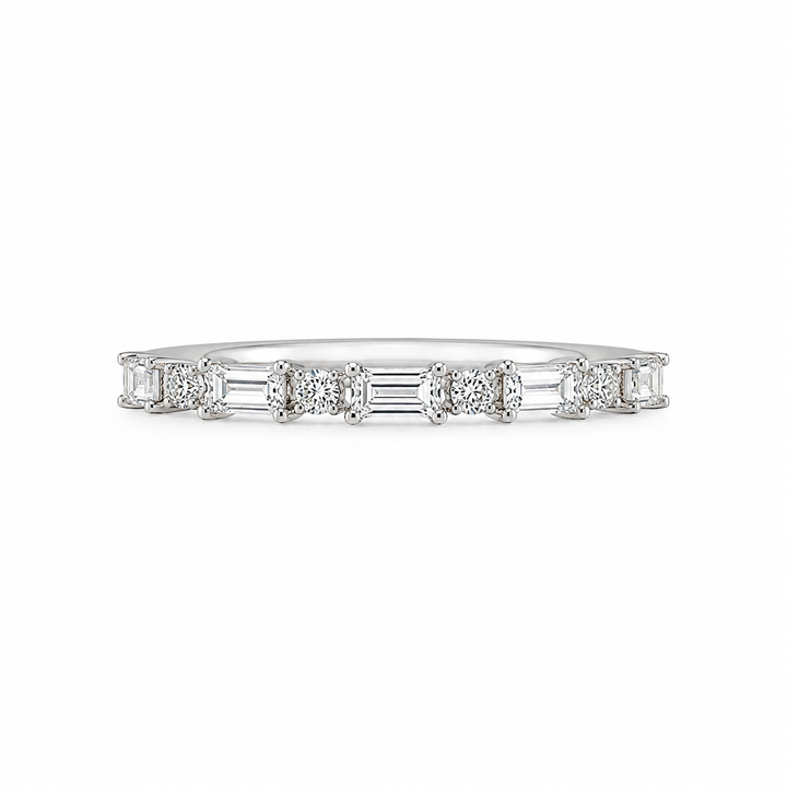 18K White Gold Round and Baguette Cut Diamond Band 1/3 Ct