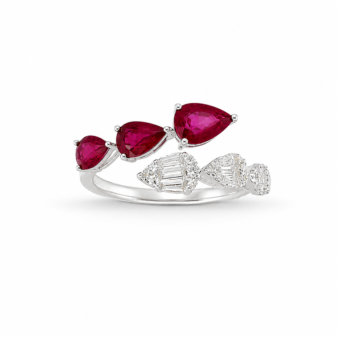 18K White Gold Diamond & Ruby Bypass Ring ~ 2 Ct