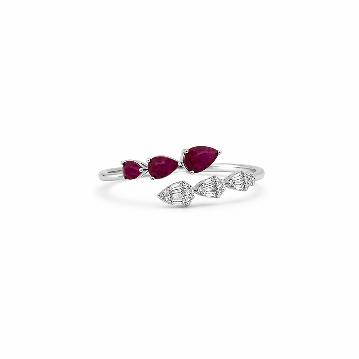 18K White Gold Diamond & Ruby Bypass Ring ~ 2 Ct