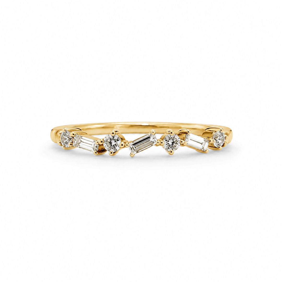 18K Yellow Gold Round and Baguette Cut Diamond Band ~ ¼ Ct