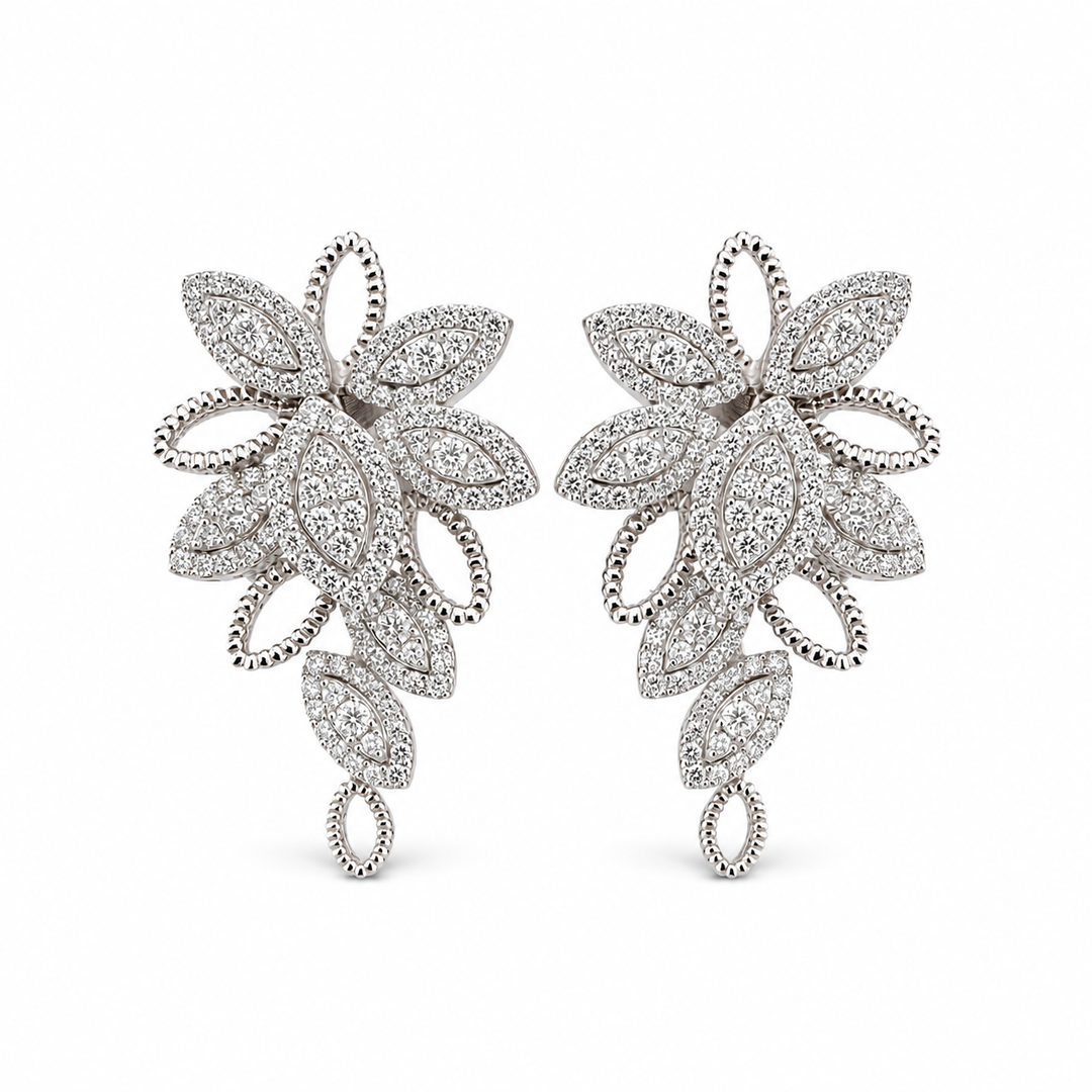 14K White Gold Diamond Leaf Cascade Statement Earrings ~ 2 ½ Ct